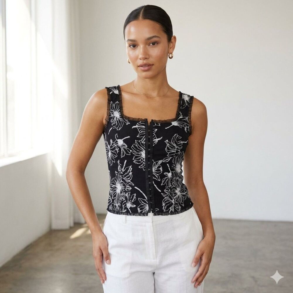 Newport Floral Lace Corset Top Women Medium Hook Eye Closure Ruffle Coquet Black